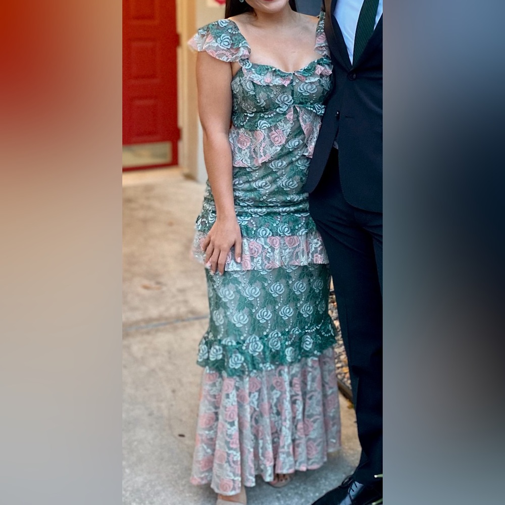 Lace green and pink formal dress